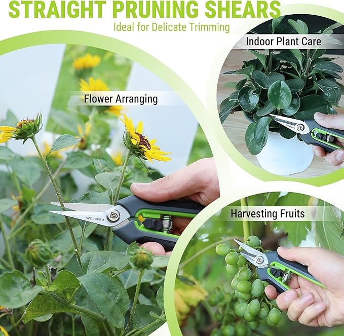 WORKPRO Garden Pruning Shears 2 Pack, 8.5" Bypass Pruning Shears and 6.25" Straight Garden Flower cissors, Garden Clippers Hand Tools for Cutting Flowers, Trimming Plants, Picking Fruits