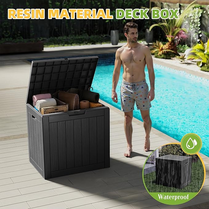 35 Gallon Resin Deck Box Outdoor Storage Box Waterproof for Patio Furniture,Outdoor Cushions,Garden Tools and Pool Supplies（Black）