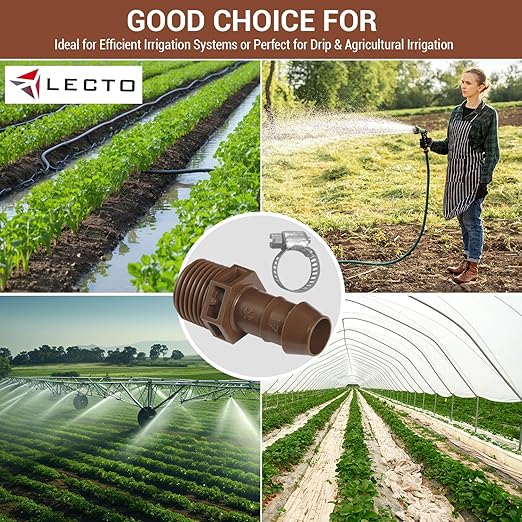 LECTO 1/2" MPT Drip Irrigation Adapter – Fits 1/2" & 5/8" Drip Tubing, Barbed Connector with Stainless Steel Clamp, UV-Resistant (1 Pack)