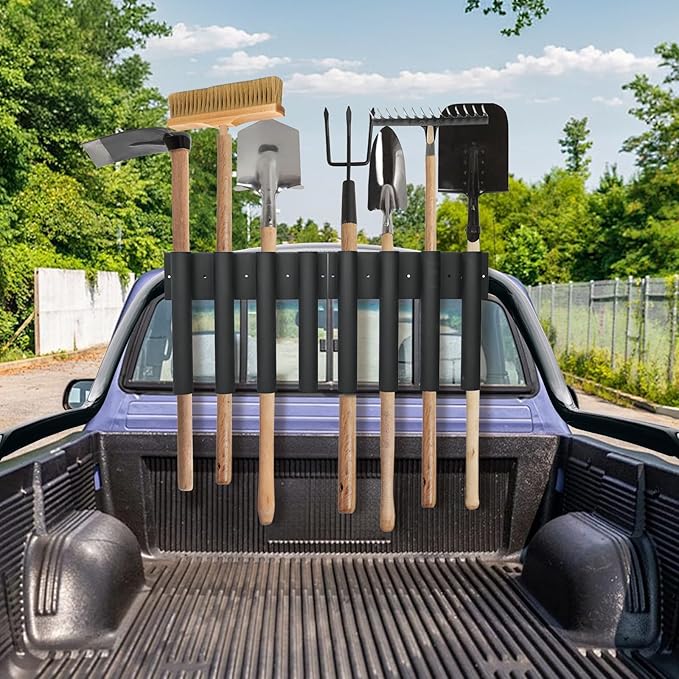Shovel Holder for Truck Metal Trailer Tool Rack with 8 Holes in 2 Groups Heavy Duty Truck Bed Tool Box Mount Garden Tool Organizer for Rakes Shovels Hoes Landscape Hand Tools Rack