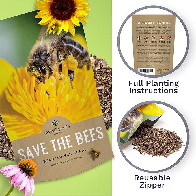 Bee Friendly Wildflower Seed Mix - Bulk 1/4 Pound Bag - Over 30,000 Open Pollinated Seeds - 100% Pure Live Seed - Save The Bees!