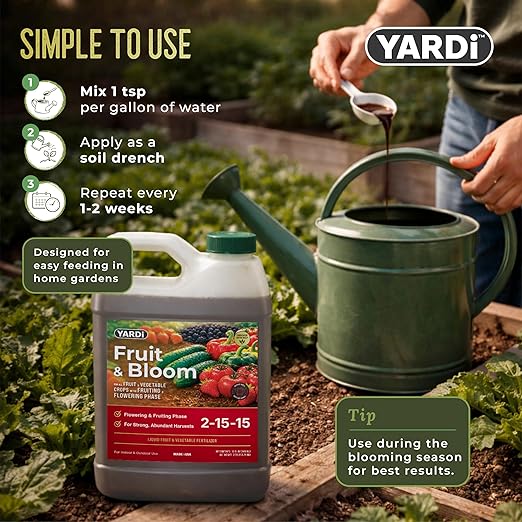 Yardi Fruit & Bloom Plant Food | Outdoor Garden Fertilizer for Fruits, Vegetables & Flowers | Nutrients for Flowering & Fruiting | NPK 2-15-15 with Micronutrients | 32 Ounce