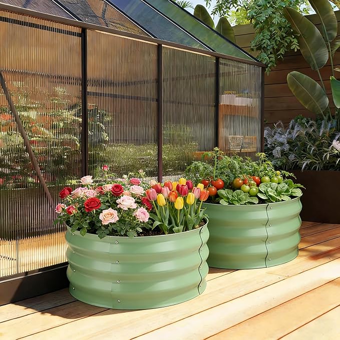 Round Metal Raised Garden Bed 2 Pack with Fabric Liners, 2 ft × 2 ft × 1 ft, Outdoor Planters for Backyard, Patio & Garden (sage Green)