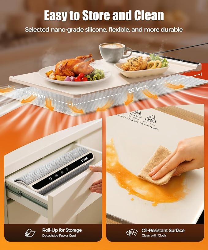 Food Warming Mat with Heat-Resistant Pad, 26X15 Inch, 6-Level Temp 6-Hour Timer, Child Lock Safety,Food Warmer Chafing Dishes for Buffet.