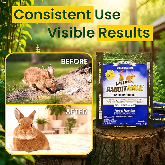 Nature's MACE Rabbit MACE Granules, Rabbit Repellent for Gardens, Lawns, Farms & Landscapes, Treats 57,000 sq ft, Granular Deterrent, 90 Pounds, All-Season Use, Safe for Pets, Children, and Plants