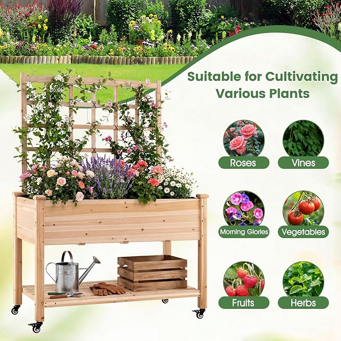 Giantex 65'' Wooden Raised Garden Bed w/Trellis on Wheels Set 2, Mobile Elevated Planter Box w/Legs, Liner & Drainage Holes for Climbing Plant Vegetable Herb Flower, Outdoor Garden Box, Backyard