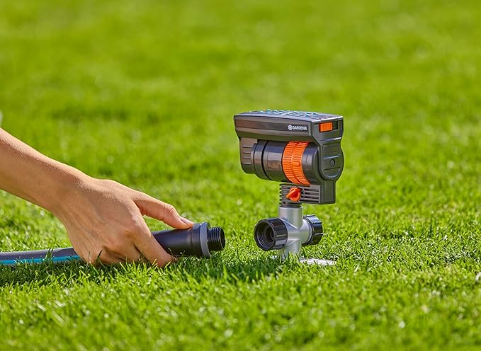 GARDENA 20575 | Up to 2300 sq ft - ZoomMaxx Adjustable Oscillating Sprinkler on Metal Step Spike for Watering Large Area Lawn with US Hose Threads, Yard and Garden. Gardena Quick Connects