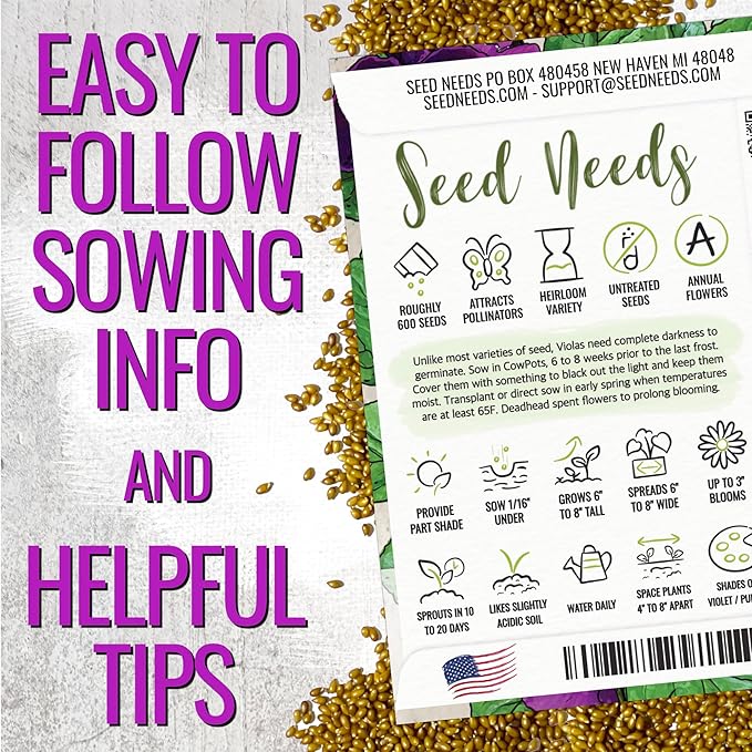 Seed Needs Viola Seeds for Planting King Henry Violas - Heirloom & Open Pollinated Annual Flower Seed to Plant an Outdoor Butterfly Wildflower Garden (5 Packs)