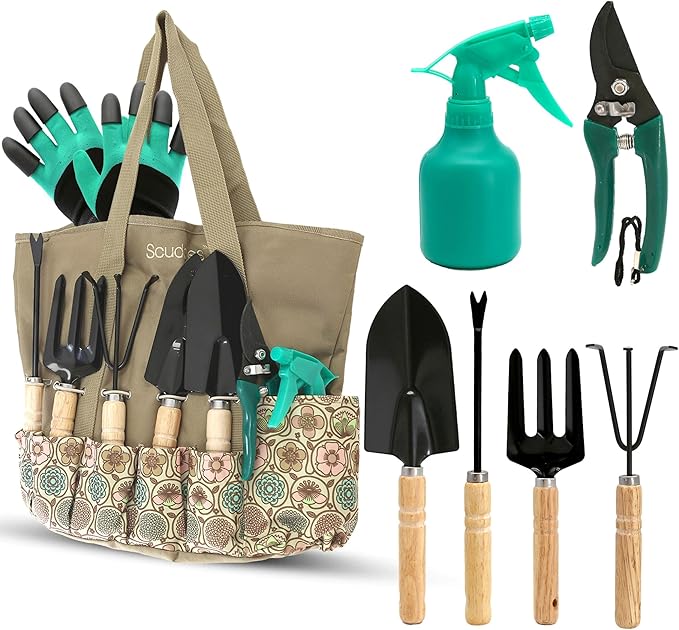 Scuddles All-in-One Gardening Tool Set with Large Storage Tote – Durable, Rust-Resistant Hand Tools with Ergonomic Grip for Digging, Weeding & Planting – Ideal Garden Gift for Women, Men & Beginners