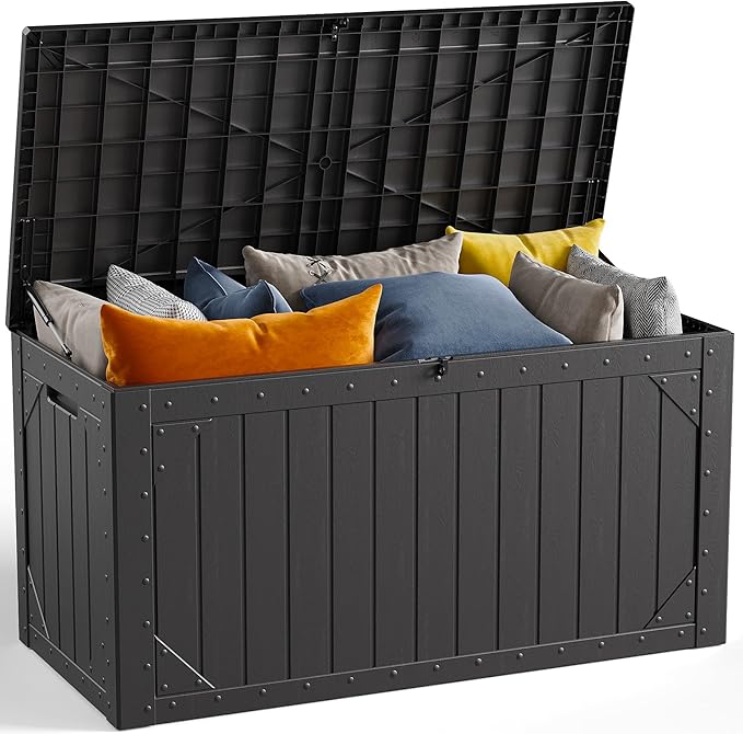 100 Gallon Outdoor Storage Box, Waterproof Resin Deck Box Organizer for Patio Cushion Storage, Lockable Outside Container for Garden Tools