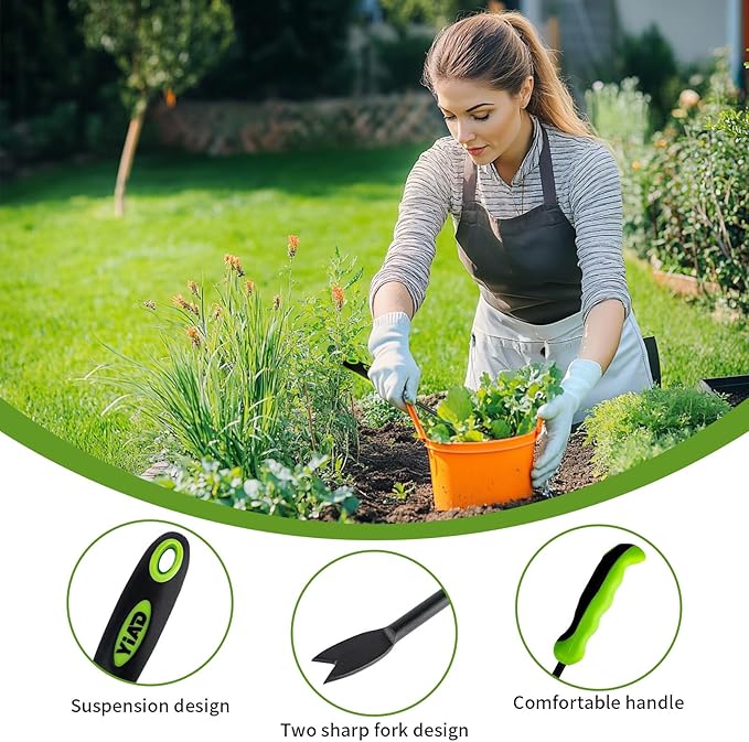 YIAD Hand Weeder Weed Puller Tool - 13-Inch Heavy Duty Dual Tip Design for Root Removal, Rust-Resistant Steel, Ergonomic Grip, for Garden Lawn Yard Patio Flower Bed