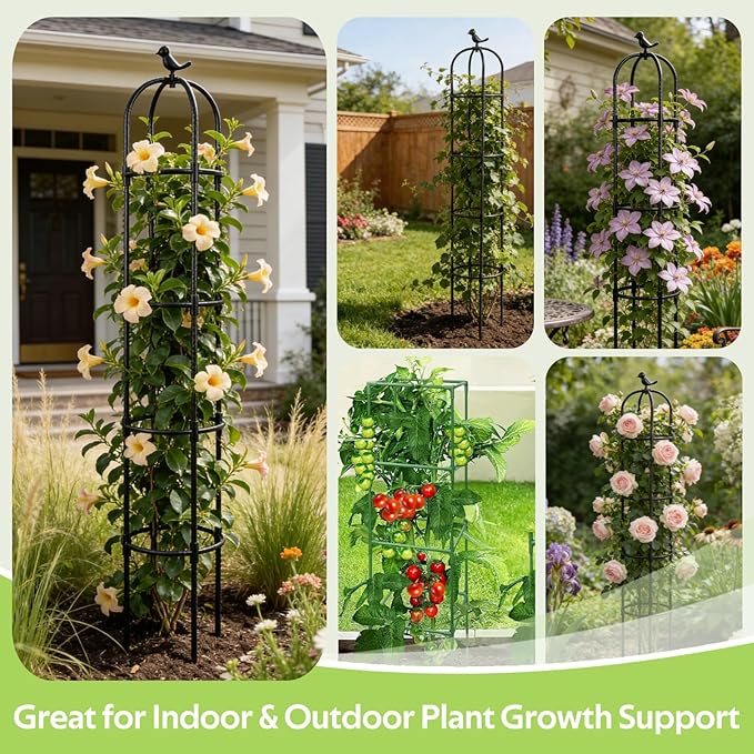 Obelisk Trellis for Climbing Plants Outdoor - Heavy Duty Plastic Coated Steel Core Garden Arch Metal Trellis - Rustproof Tomato Cage Vertical Plant Support for Vines Vegetables Flowers Indoor