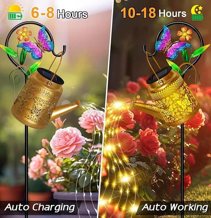 Mothers Day Gifts, Butterfly Solar Watering Can Lights, Outdoor Waterproof Garden Lanterns with Shepherd Hook, Solar Garden Decor for Yard Outdoor Landscape Pathway, Gift for Women Mom Grandma 2 Pack