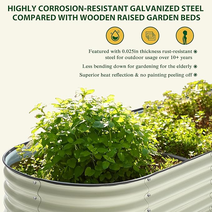 BlueWish 8x2x2FT Raised Garden Bed, 23.1" H Raised Garden Beds with 2 Aluminum Support Rods, Galvanized Steel, Rubber Strips, 9-in-1 Planter Raised Beds for Vegetable, Flower, Herbs, Beige