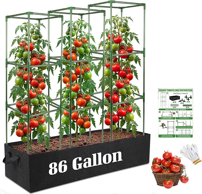 BobbleT Tomato Cages with Fabric Raised Garden Bed - 3 Pack 41" Adjustable Heavy Duty Square Trellis Supports with 86 Gallon Grow Bag, Reusable Outdoor Planter Kit for Tomatoes & Climbing Plants