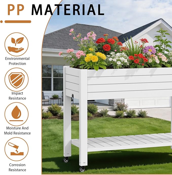 EasyUp 21 Gallon Elevated Raised Garden Bed with Storage Shelf & Lockable Wheels, Weatherproof Mobile Planter for Patio, Balcony, Vegetables & Flowers (Ashen)