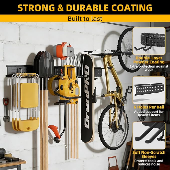 GRENPRO Garage Tool Organizer Wall Mount with 66 inches Rails and 10 Hooks, Heavy Duty Tool Rack, Garage Storage Rack For Yard Tools