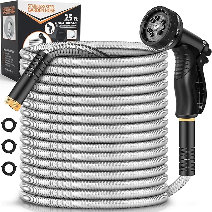 Garden Hose Metal 25FT, Stainless Steel Heavy Duty Water Hose With 10 Function Nozzle, No-Kink, Tough & Flexible, Sturdy and Lightweight, Rust Proof for Yard, Outdoor, RV