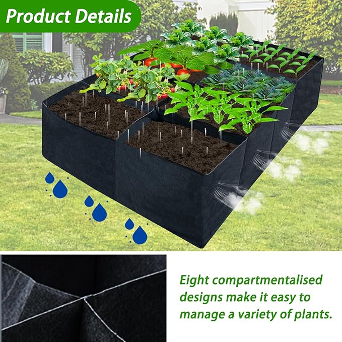 2PCS 6x3x1ft Fabric Raised Garden Bed,128 Gallon 8 Grids Rectangle Plant Grow Bags,Durable Outdoor Planter Raised Beds Pot for Growing Herbs Flowers Vegetables Potatoes Carrots