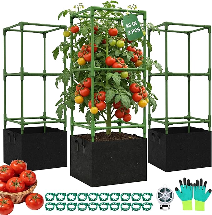Uyittour 3 Pack Square Tomato Cages with Grow Bags, 45" Heavy Duty Square Tomato Trellis Plant Support for Raised Garden Bed Climbing Vegetables, Set with Garden Gloves, 20 Clips & 65FT Tie Wire
