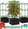 Uyittour 3 Pack Square Tomato Cages with Grow Bags, 45" Heavy Duty Square Tomato Trellis Plant Support for Raised Garden Bed Climbing Vegetables, Set with Garden Gloves, 20 Clips & 65FT Tie Wire