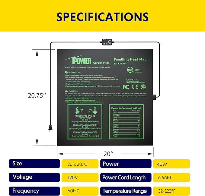 iPower 20"x20.75" -2 Pack Seedling Heat Mat with Built-in Temperature Controller, Waterproof Plant Heating Pad, for Germination, Breeding, Brewing