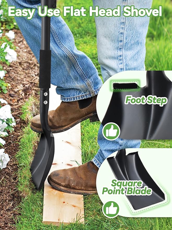 Shovel, Garden Shovels for Transferring, 31” Flat Square Spade Snow Shovel, Small Short Shovels for Car Snow Removal, Digging, Gardening, Trenching, Landscaping, Metal Scoop Shovel with D-Handle Grip