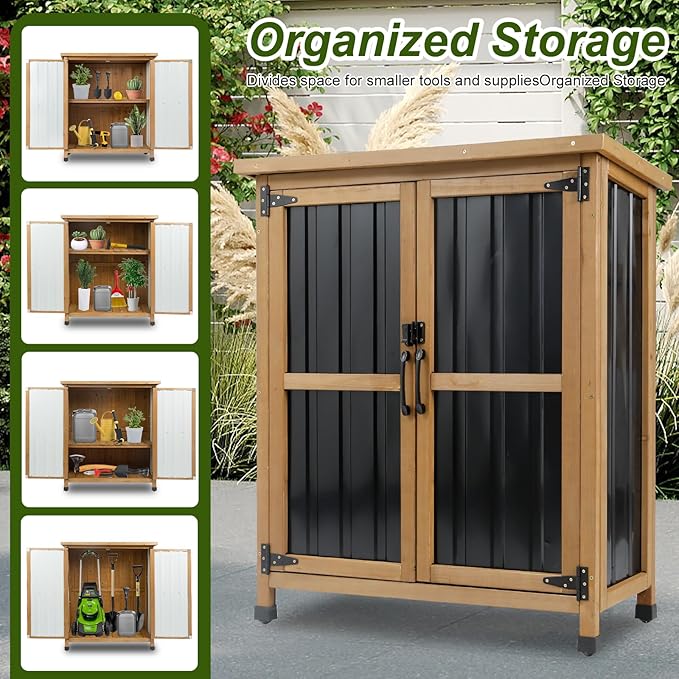 Outdoor Storage Cabinet, Wood & Metal Small Garden Tool Storage Cabinet with Weather-Resistant Asphalt Roof, Double Lockable Doors & Removable Shelves for Porch, Patio, Garden, Backyard