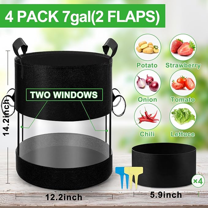 4 Pack 7 Gallon 360°Visible Potato Grow Bags,Heavy Duty Thickened Nonwoven Fabric Planter Bags with 2 Clear Harvest Windows&Removable Shading Cover,Reinforced Handles,Vegetable Grow Bags with Labels
