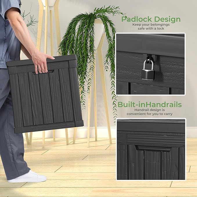 PatioZen 50 Gallon Outdoor Deck Box,Waterproof Resin Outdoor Storage Boxes, Outside Storage Lockable Container for Garden Tools,Indooor Cushions,Accessories (Black)
