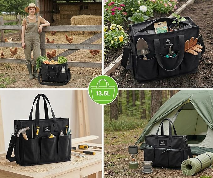 Heavy Duty Canvas Gardening Tote Bag with Pockets, Large Capacity Tool Organizer for Garden Tools, Portable Utility Bucket Carrier for Women Men, Outdoor Planter Caddy for Florist Supplies