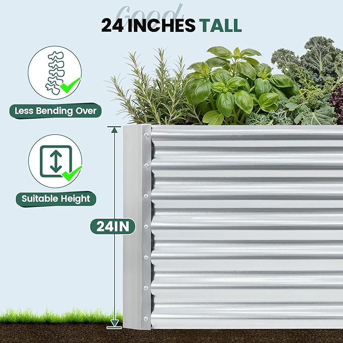 G GOOD GAIN 8x2x2 ft Galvanized Raised Garden Bed Kit, Large Metal Planter Box Outdoor for Vegetables, Flowers, Herbs, 24" Tall 240 Gallon Capacity Deep Root Design, Silver