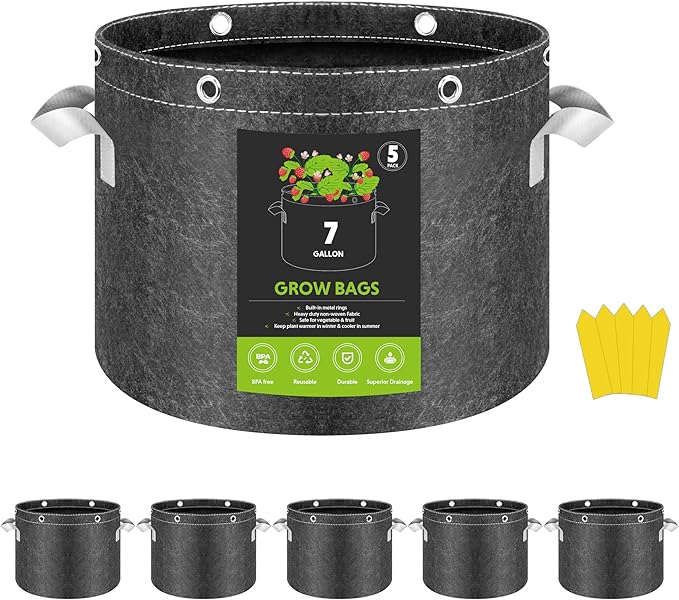 InfiniPower 5 Pack 7 Gallon Plant Grow Bags, 400G Thick Nonwoven Fabric Pots with Multi-Purpose Rings and Handles, Reusable for Low Stress Plant Training Fruits, Vegetables and Flowers