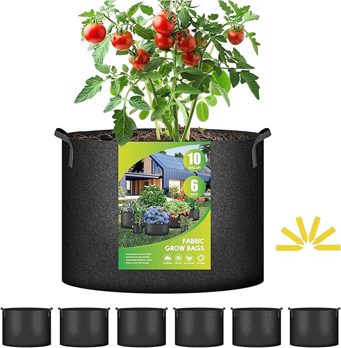iPower Plant Grow Bag 10 Gallon 6-Pack Heavy Duty Fabric Pots, 300g Thick Nonwoven Fabric Containers Aeration with Nylon Handles, for Planting Vegetables, Fruits, Flowers, Black