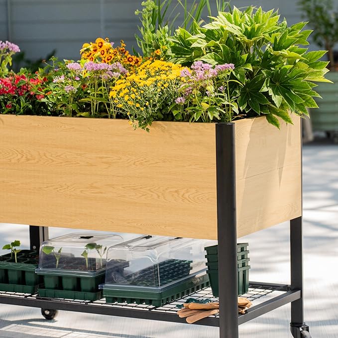 Raised Garden Bed with Legs, 2' x 8' Metal Woodgrain Elevated Outdoor Planters Boxes with Storage Rack for Patio, 1800 lbs Weight Capacity, Raised Beds for Gardening Herb Flowers Vegetables