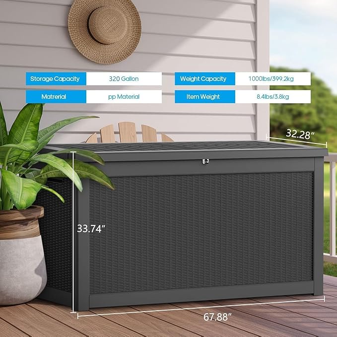 Vixzen 320 Gallon Resin Deck Box, Lockable Outdoor Storage Box for Patio Cushions Storage Furniture,Garden Tools, Pool Supplies, Weatherproof and UV Resistant(Black，320 Gallon