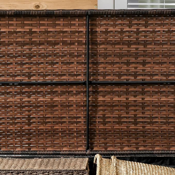 Outsunny Outdoor Deck Box and Shoe Storage, PE Rattan Wicker Towel Rack with Liner for Indoor, Outdoor, Patio Furniture Cushions, Pool, Garden Tools, Brown