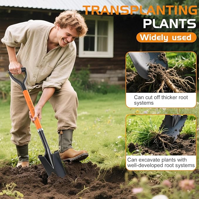 HIGHLIGHT Spade Shovel, Transplanting Spade, Drain Spade, Spade Shovels for Digging, Sharp Shooter Shovel or Spade, 45Inch, Stell D-Grip,Fiberglass Handle, Orange