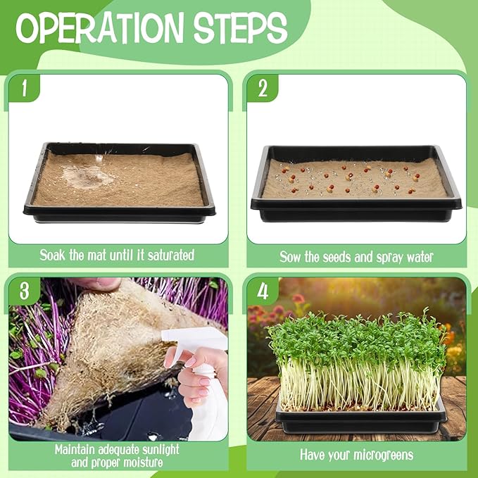 CIEOVO Microgreens Growing Mat with Tray Kit, 8 Pcs Hemp Fiber Grow Tray with 8 Pcs 10" Square Growing Trays Hydroponic Jute Pads Indoor Production for Indoor Germination Sprouts