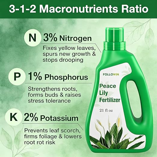 Followin Peace Lily Plant Food, 3-1-2 NPK Liquid Fertilizer for Indoor House Plants, EDTA Chelated Micronutrients, Spathiphyllum Concentrate Supporting Green Foliage and Healthy Roots, 21 fl oz
