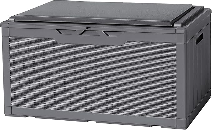 Flamaker Deck Box with Cushion 98 Gallon Waterproof Resin Storage Box with Air Rod Indoor Outdoor Lockable Storage Bench for Patio Furniture, Tools, Pool Accessories (Gray)
