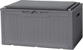 Flamaker Deck Box with Cushion 98 Gallon Waterproof Resin Storage Box with Air Rod Indoor Outdoor Lockable Storage Bench for Patio Furniture, Tools, Pool Accessories (Gray)