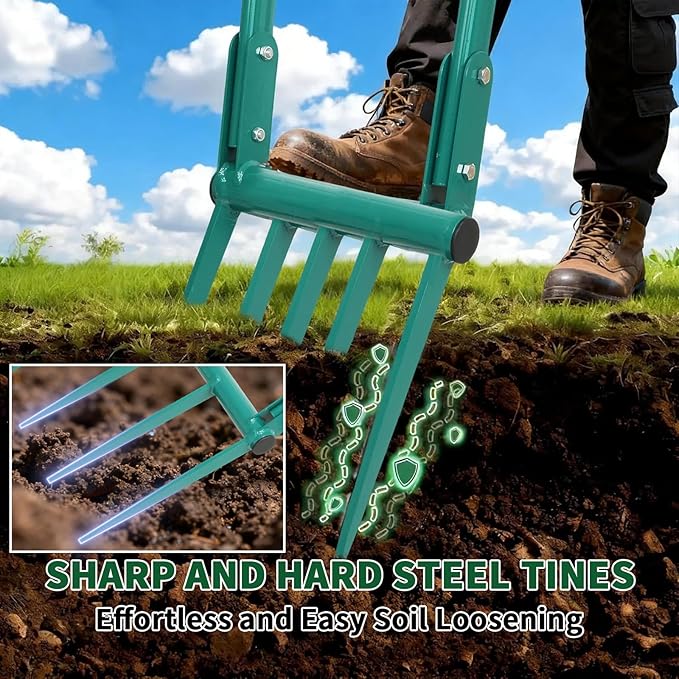 VVOKGO Broadfork Garden Tool with 11.8" Long Tines, 5-Tine Broad Fork for Gardening Heavy Duty, Unbreakable Garden Fork & Hand Tiller for Farm Digging, Crushing, Aerating Soil
