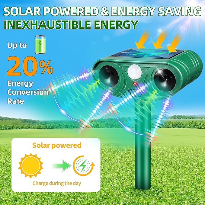 2026 Solar Animal Repellent Outdoor&Cat Repellent Outdoor with Motion Deer Repellent Devices Ultrasonic Cat Deterrent Fox Raccoon Squirrel Rabbit Coyote Deterrent for Farm Orchard Garden 2 PCS