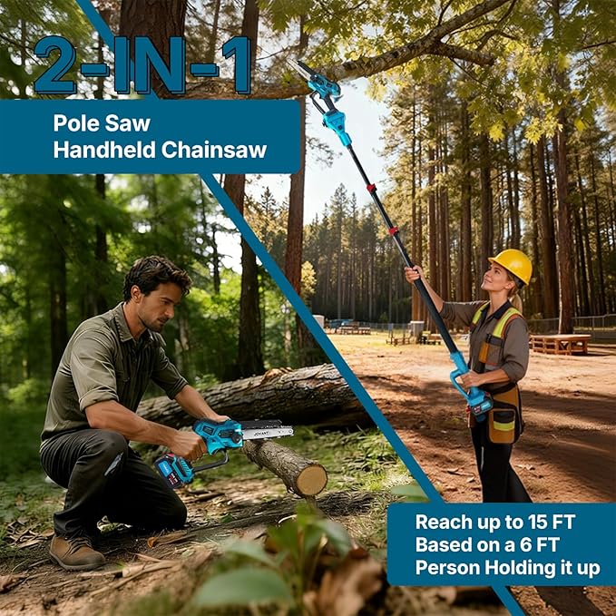 Electric Pole Saw for Tree Trimming, 2-in-1 Cordless 8 Inch Chainsaw with Extension Pole, 2 x 4.0Ah Battery Powered Tree Limb Cutter for Pruning, Tree Cutter High Reach Pole Saws for Branch Cutting