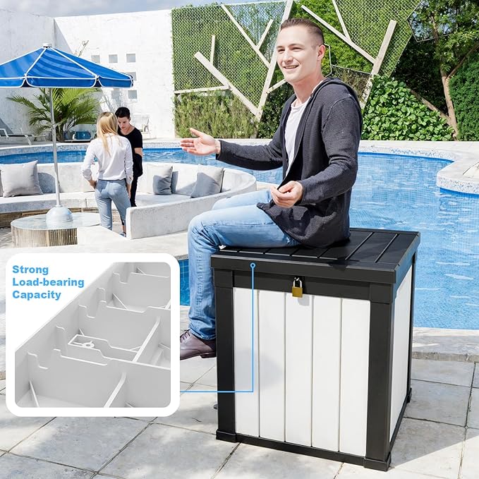 Vixzen 50 Gallon Resin Deck Box, Lockable Outdoor Storage Box for Patio Cushions Storage Furniture,Garden Tools, Pool Supplies, Weatherproof and UV Resistant- Black and White