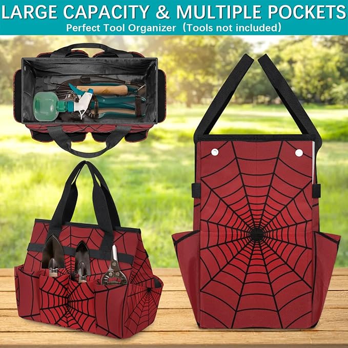Gardening Tool Bag,Heavy Duty Garden Tote Bag,Portable Oxford Gardening Storage Basket Organizer Handbag with Pockets Handle,Hand Tools Gifts for Outdoor Garden Lawn Spiders Web Red