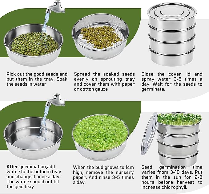 Stainless Steel 4-Tier Seed Sprouting Kit, 6'' Diameter, Indoor Gardening Planter for Microgreens Broccoli Sprouts Growing