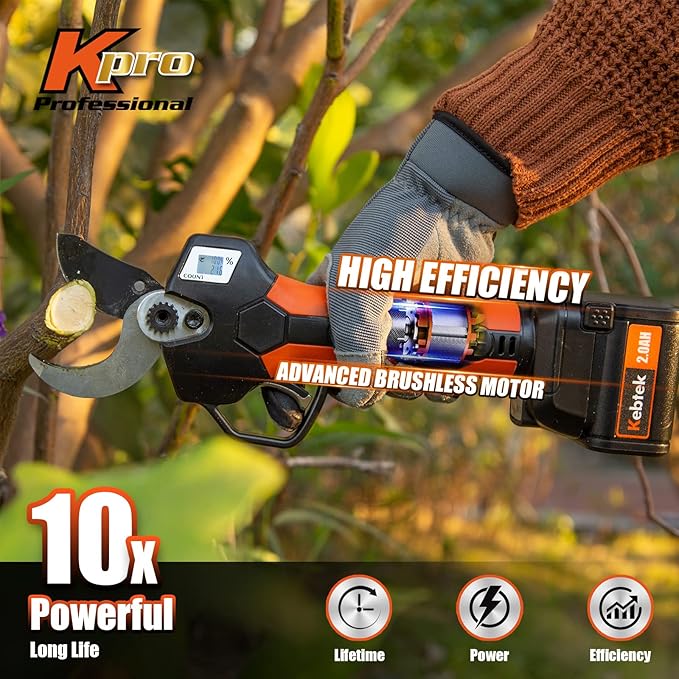 2 In 1 Electric Pruning Shears 40MM, Kebtek Cordless Pruner with Extension Pole 21V Brushless Motor 2Pack 2AH Rechargeable Battery-LCD Display Screen (KT940 Pruner+Pole Set)