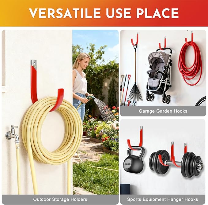 Garden Hose Holder, Wall Mount Hose Hanger Heavy Duty Organizer for Water Hoses Metal Hook Wall Mounted Rack for Hoses Storage, 1 Pack-Red